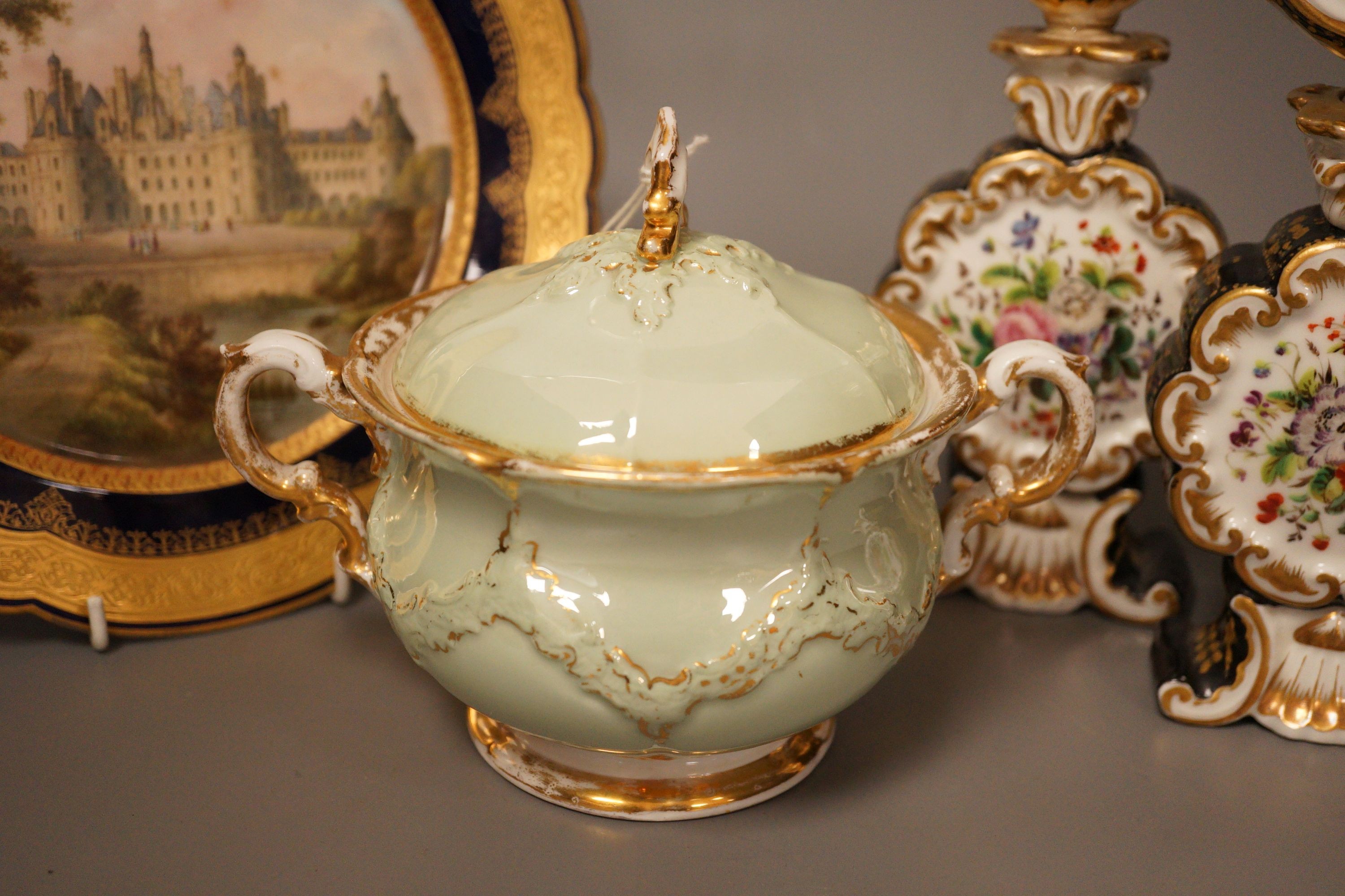 A 19th century Meissen sucrier, a Sevres style Chateau de Chambord plate and a pair of Paris porcelain scent bottles